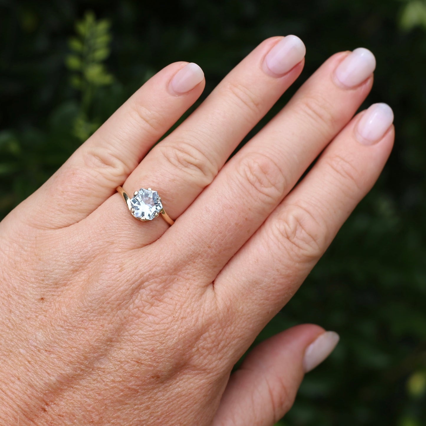 Fancy Hexagonal Cut Pale Blue Zircon Ring, 9ct Yellow Gold, size 7.5 or just over O1/2