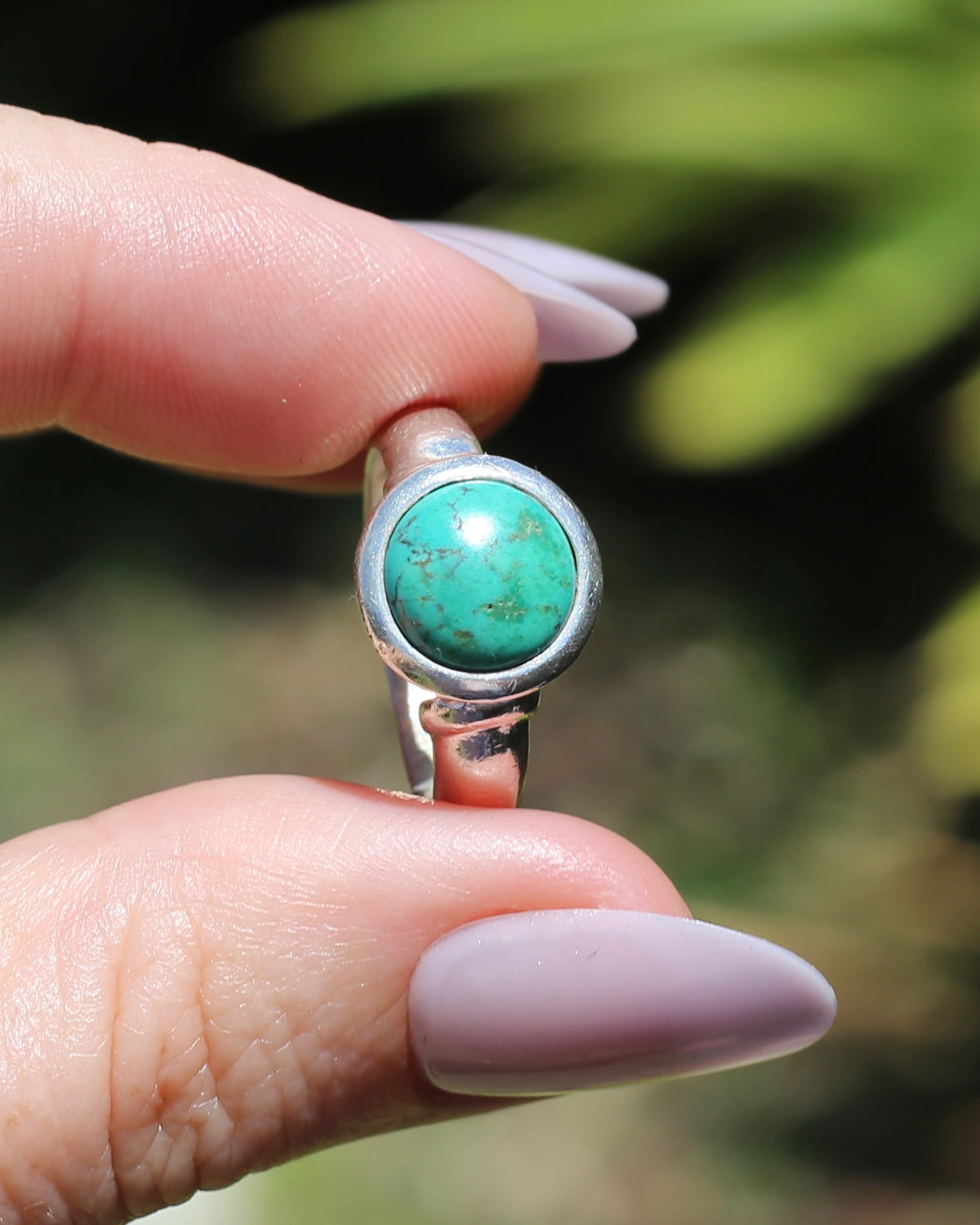 Natural Turquoise Cabochon Bezel Set Ring, Sterling Silver, size Q or just over 8, 7.3g