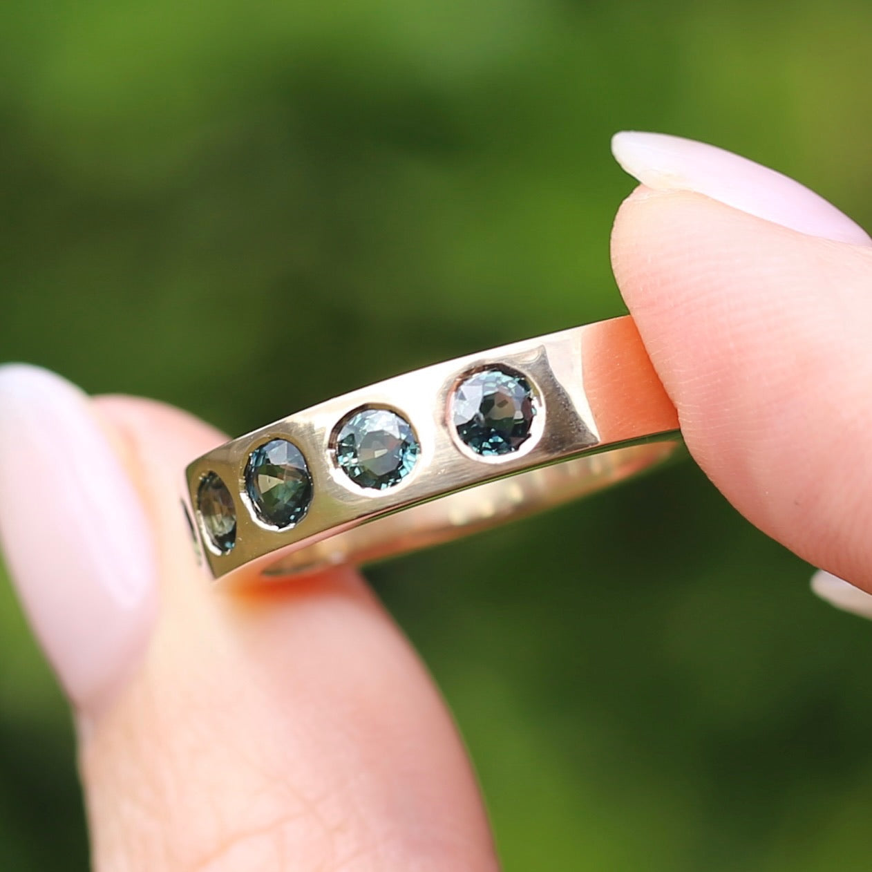 Custom Reclaimed Gold Chunky 9ct Rings with 4mm Parti Sapphires