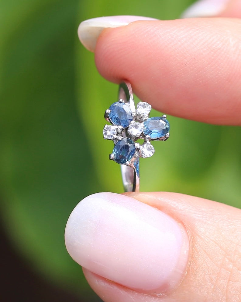 Vintage Parti Sapphire and White Quartz Cluster Ring, 9ct White Gold, size M or just over 6, 1.7g