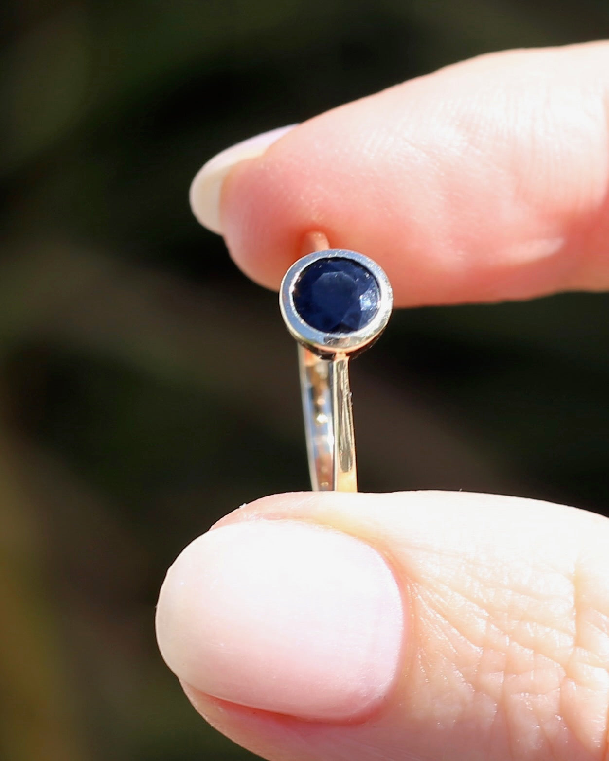 Bezel Set Opaque Navy Sapphire, 9ct Yellow Gold, size O or 7.25