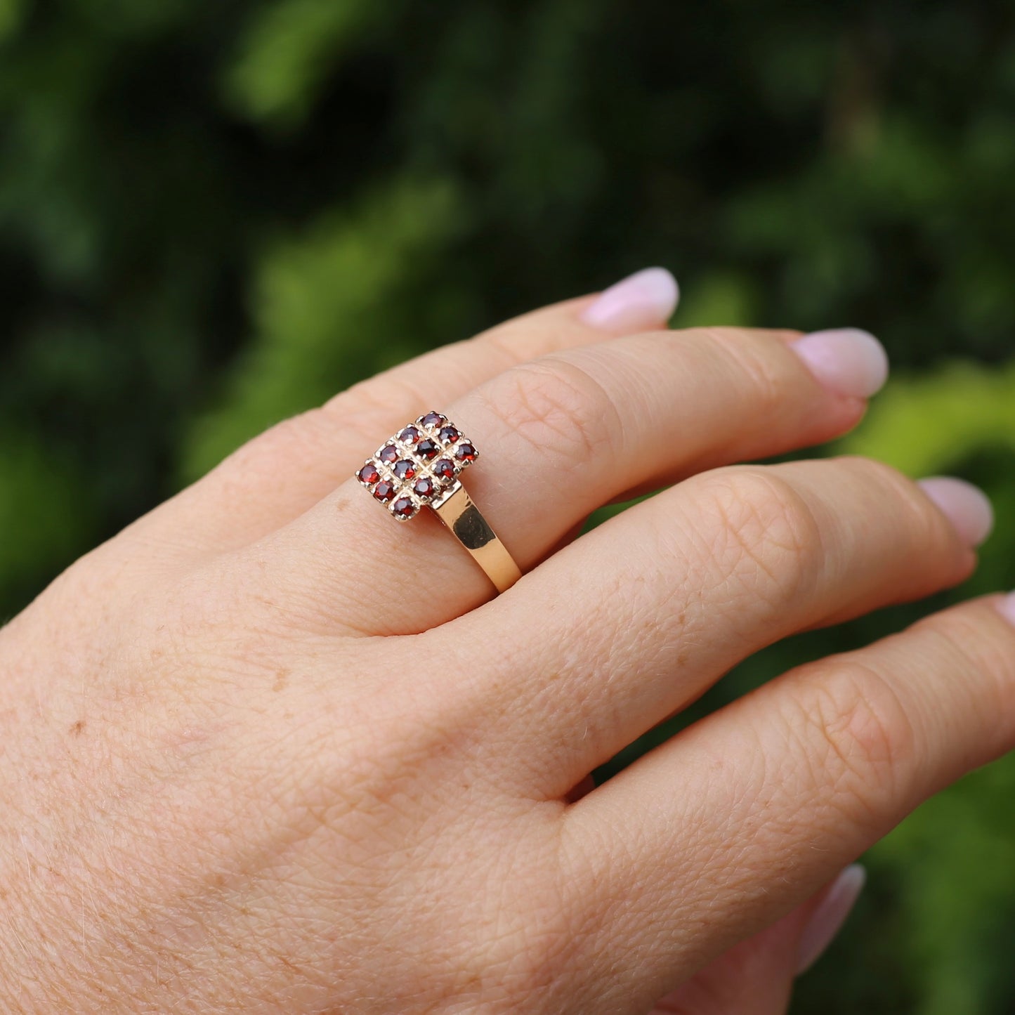 Old Cut 12 Stone Garnet Checkerboard Ring, size P or 7.75