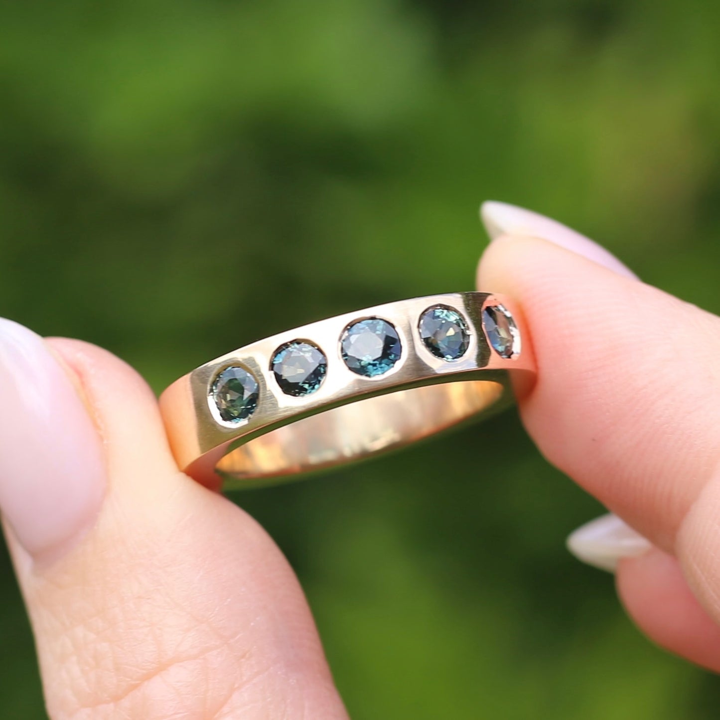 Custom Reclaimed Gold Chunky 9ct Rings with 4mm Parti Sapphires