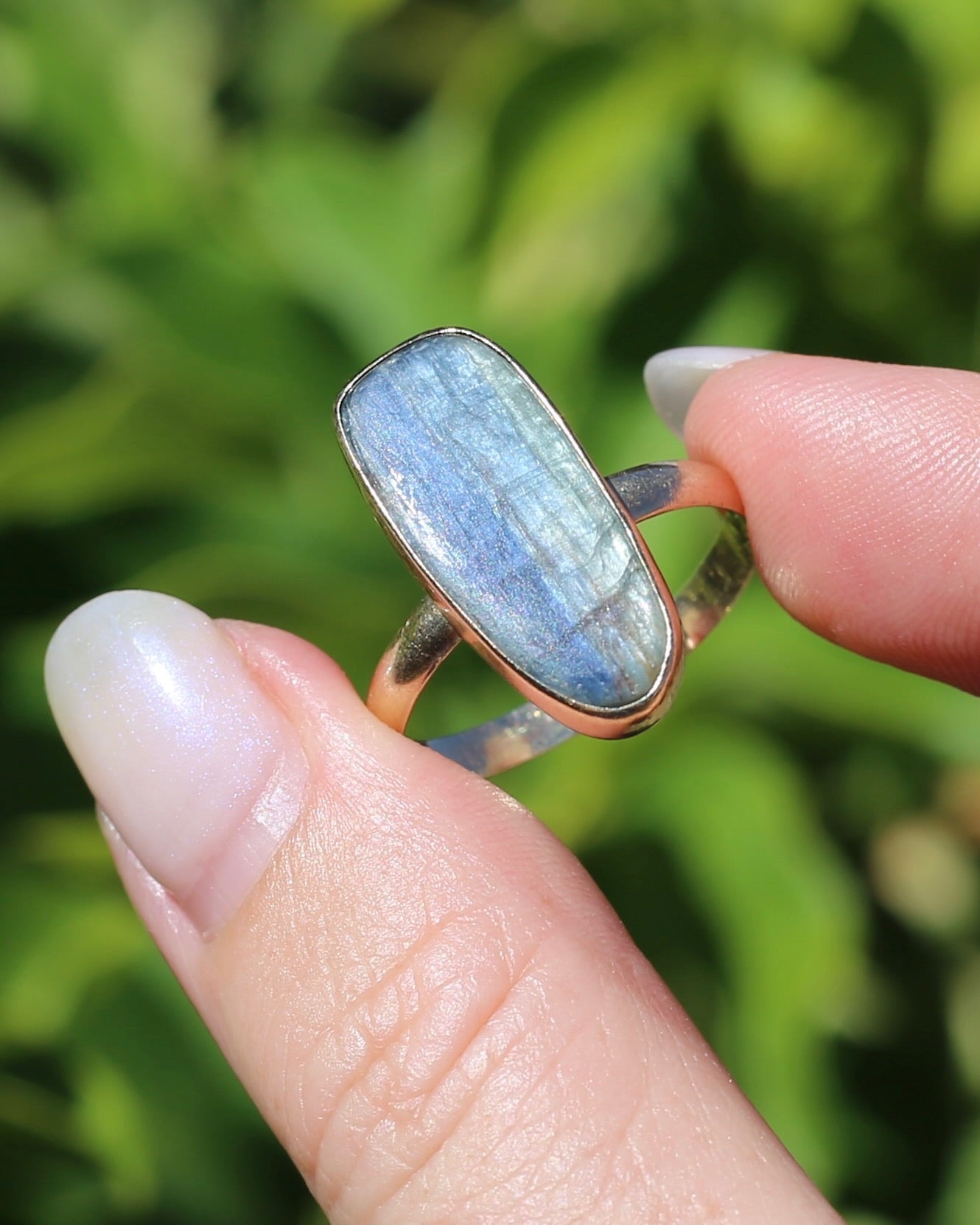 Rustic Freeform Labradorite Cabochon in Bezel Setting, 9ct Yellow Gold, size X1/2 or 11.75