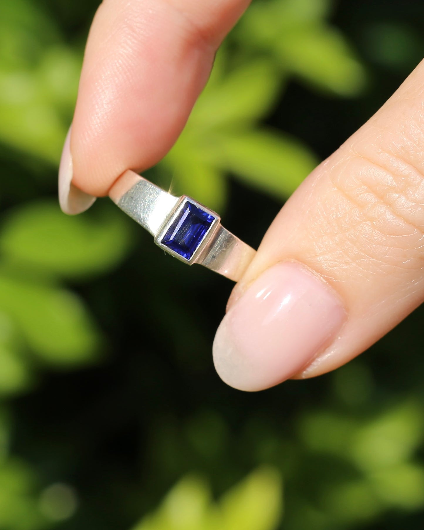 Blue Sapphire (Synthetic) Baguette in Bezel Set Silver Ring, size Q1/2 or 8.25 (fits more like a P1/2), 3.5g