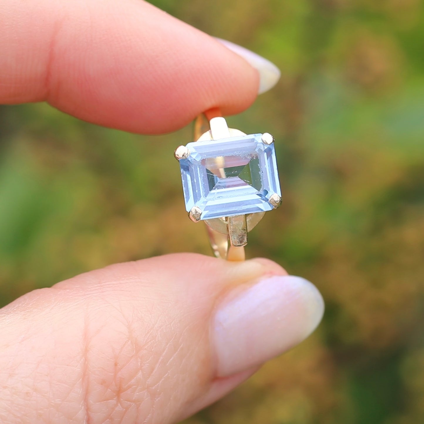 Emerald Cut Synthetic Blue Spinel in Gorgeous Art Deco Setting, 14ct Yellow Gold, size O or 7.25