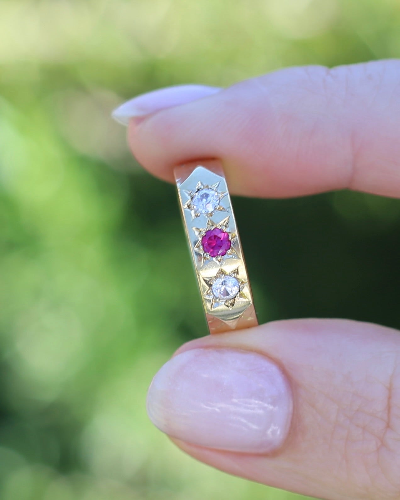 1873 15ct Band with 18ct Trilogy Old Cut Star Set Addition, 15 & 18ct Gold, size R1/2 or 8.75 (fits slightly smaller)