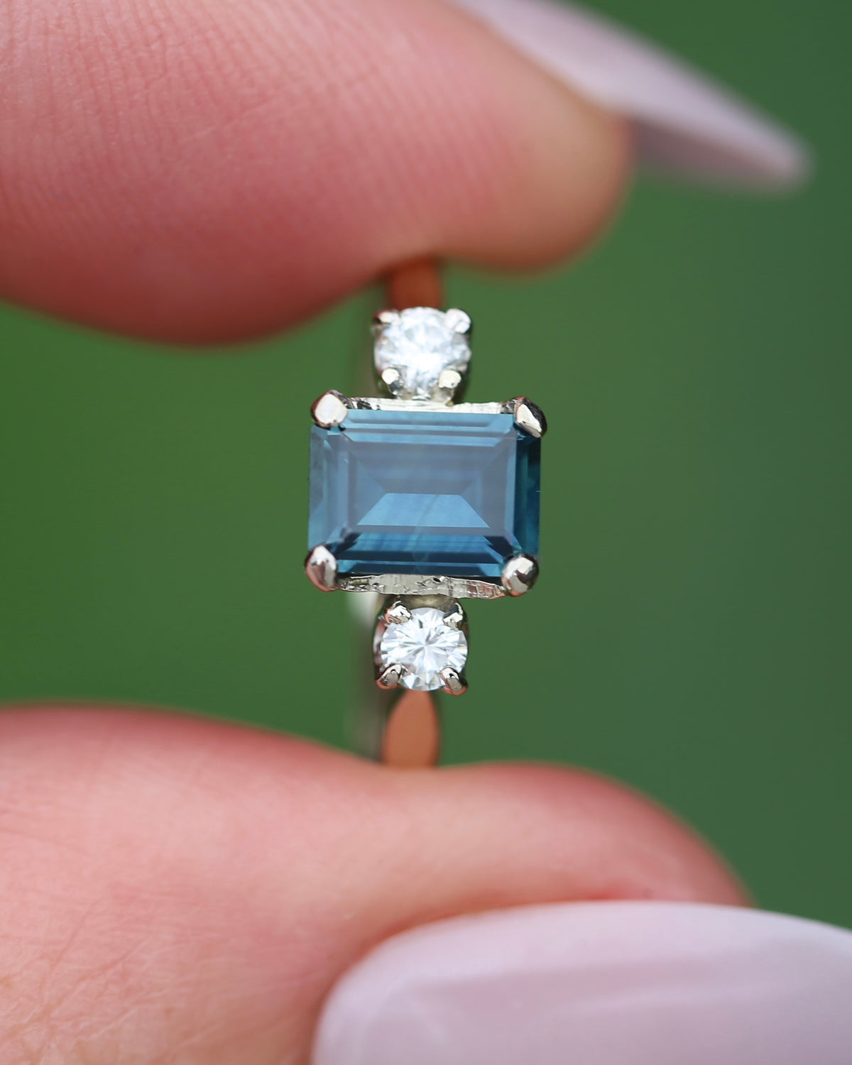 1.1ct Emerald Cut Natural Blue Teal Sapphire and Diamond Trilogy, 18ct White Gold and Platinum, size O or just over 7, 2.27g