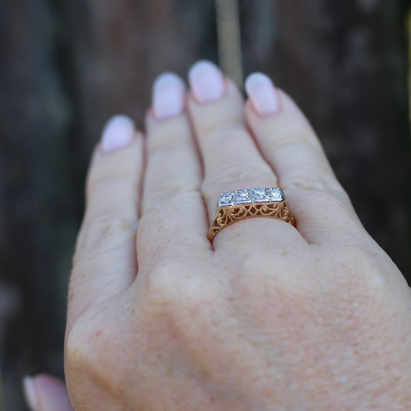 Circa 1915 4 Stone Transitional Cut Diamond Mixed Metal Ring, 18ct Yellow & White Gold, size N1/2 or 7, with valuation