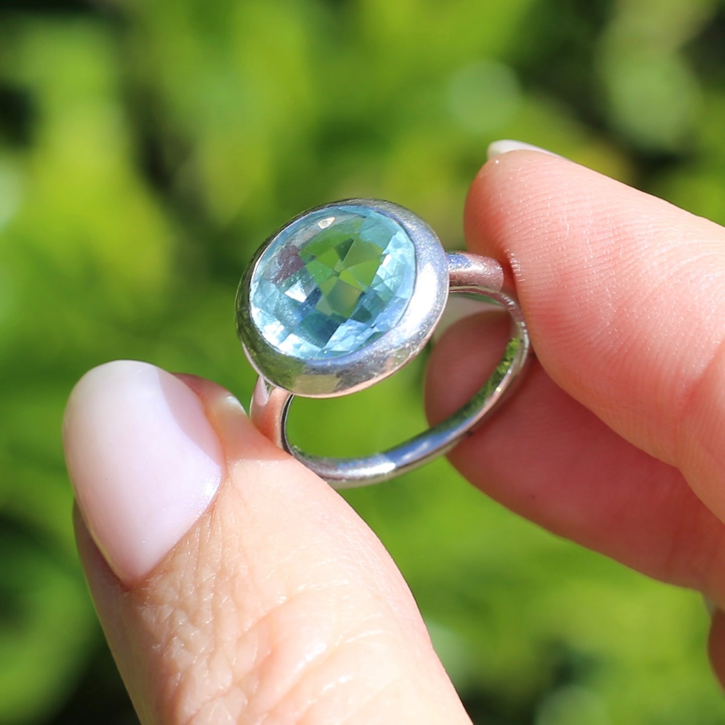 Bezel Set Harlequin Cut Blue Topaz Ring, Sterling Silver, size O or 7.25 (fits bigger)