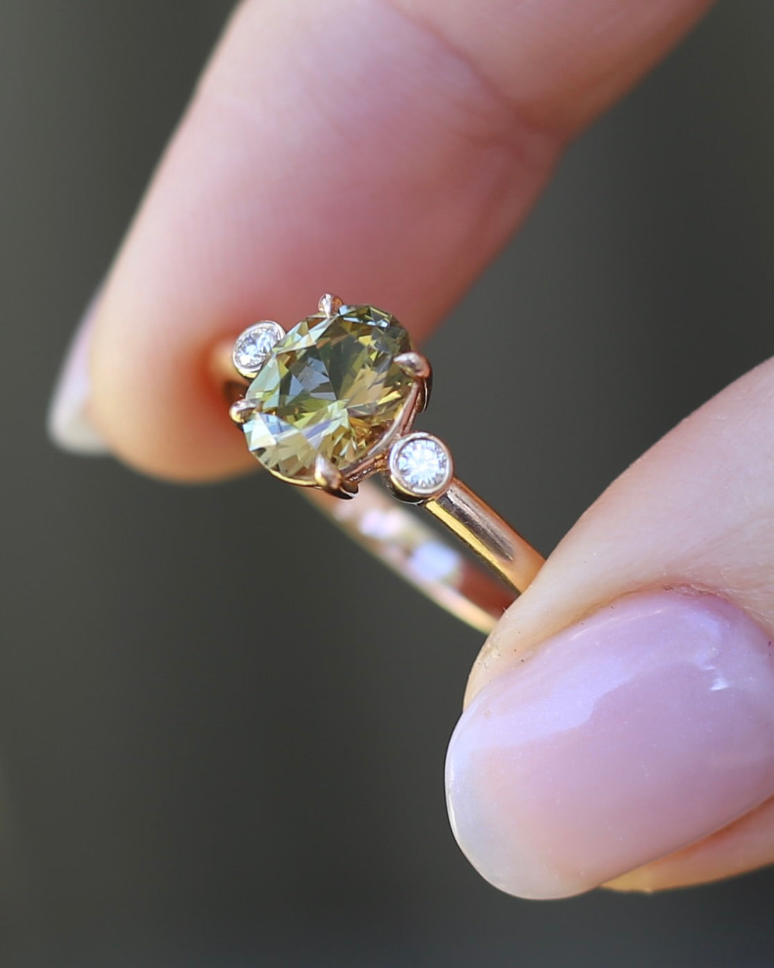 1.57ct Natural Golden Tanzanite Zoisite and Diamond Trilogy Ring, 14ct Rose Gold, size 8.75 or just over R, 3.3g, with valuation