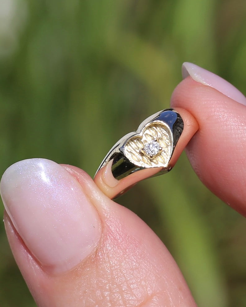 ON HOLD 1979 London Made Old Cut Diamond Heart Signet Ring, 9ct Yellow Gold, size J1/2 or 5, 2.48g