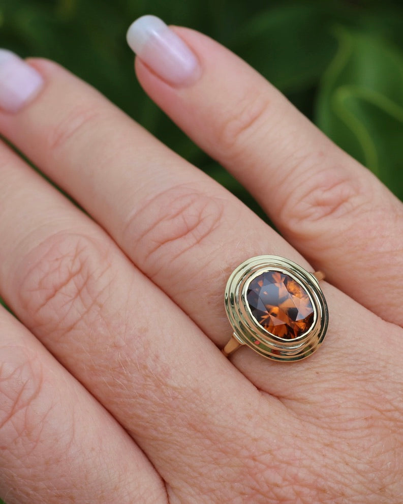 5.08ct Bezel Set Tiered Zircon Ring, 9ct Yellow Gold, size P or 7.5, 14ct Yellow Gold, 4.06g