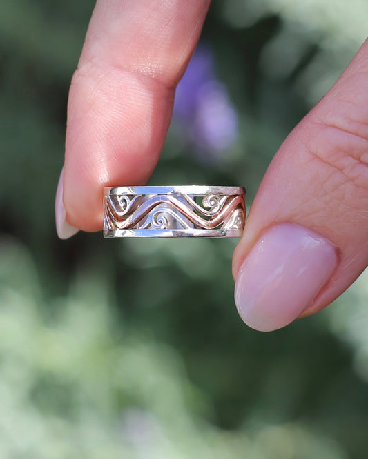 Silver and Rose Gold Filigree Swirl Band, Sterling Silver and 9ct Rose Gold, size P or 7.5 (fits more like an O)
