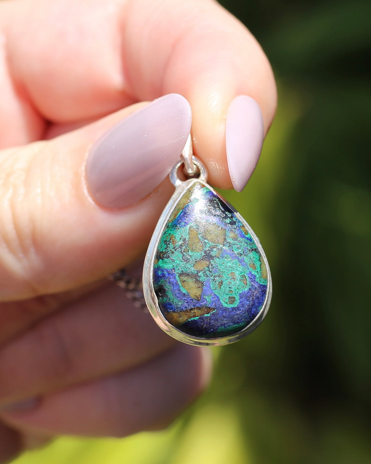 Natural Azurite/ Malachite/ Chrysocolla Cabochon Pendant, Bezel Set, Sterling Silver, 5.44g