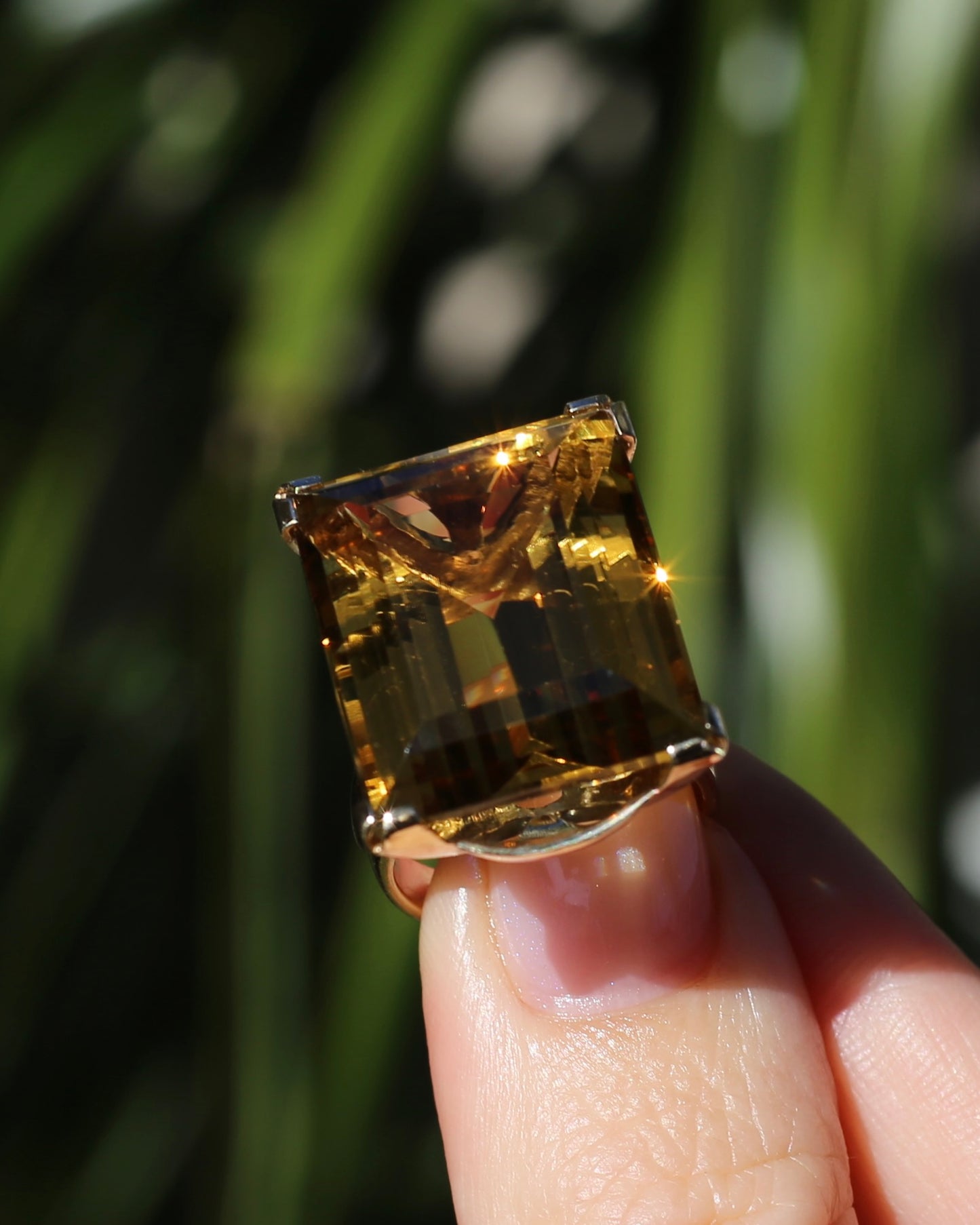 35ct Rectangular Step Cut Vivid Citrine in Chunky Vintage 9ct Yellow Gold Ring, size N1/2 or 7, 15.12g