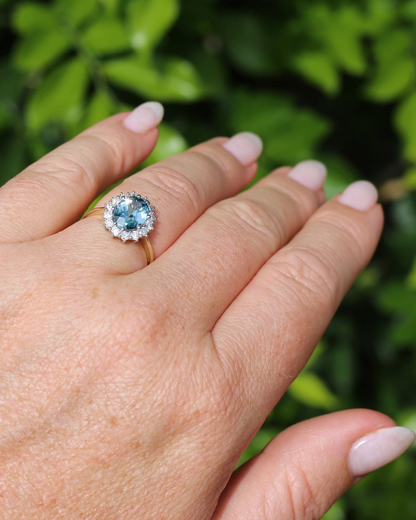2.79ct Oval Blue Zircon and Diamond Halo, Vintage 9ct White and Yellow Gold, size M1/2 or 6.5