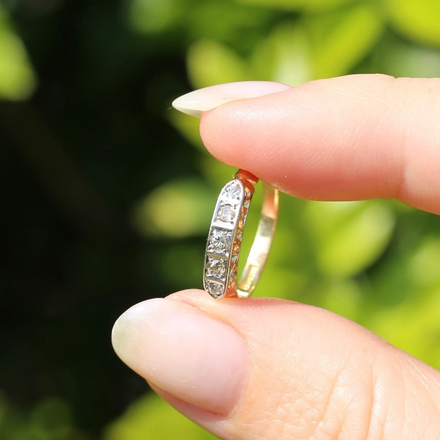 1930s Old Cut 5 Stone Diamond Ring, Platinum and 18ct Yellow Gold, size L or 5.75