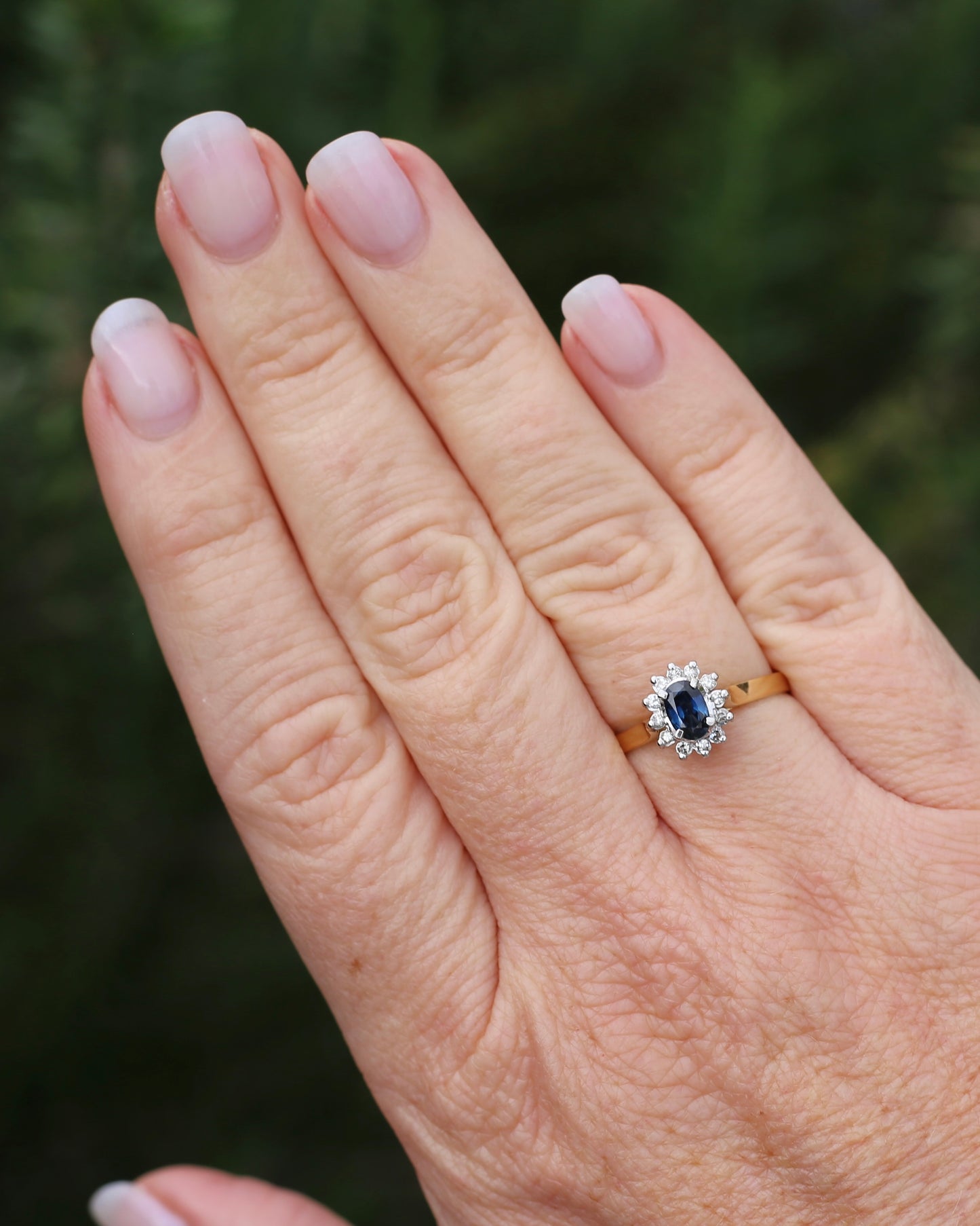 Natural Sapphire and Diamond Halo, 18ct White and Yellow Gold, size R or just over 8.5, 3,15g