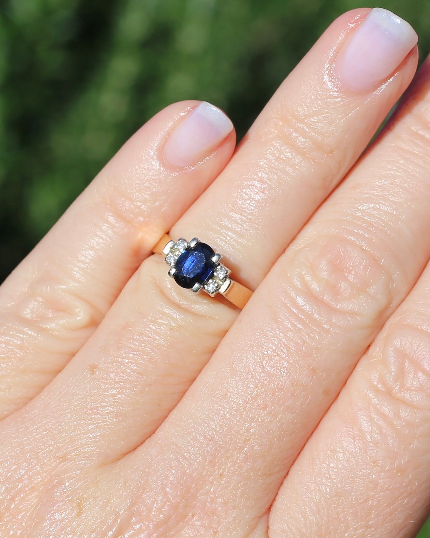 Circa 1970s Natural Sapphire and Diamond Ring, 9ct Yellow and White Gold, size M or 6.25, 4.19g