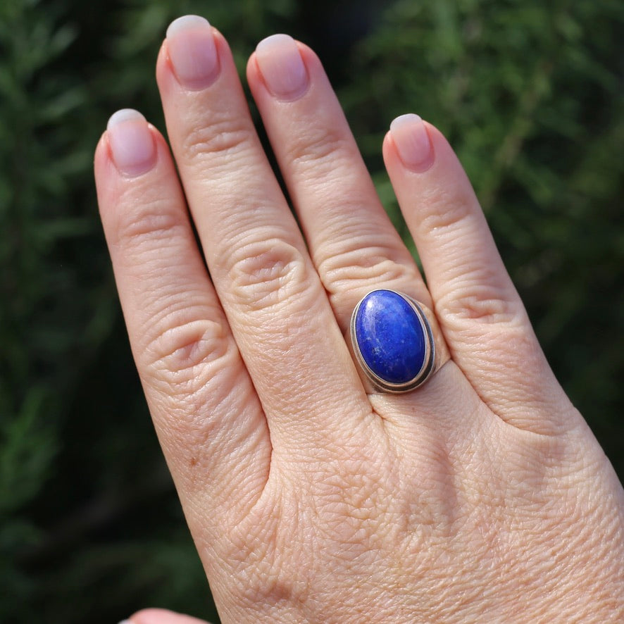 Large Lapis Cabochon in Silver Bezel Setting, size P1/2 or just under 8