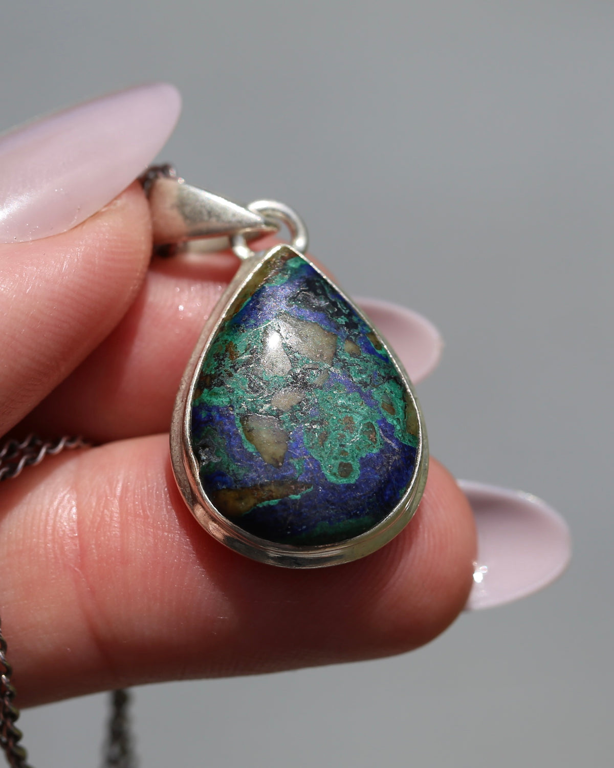 Natural Azurite/ Malachite/ Chrysocolla Cabochon Pendant, Bezel Set, Sterling Silver, 5.44g