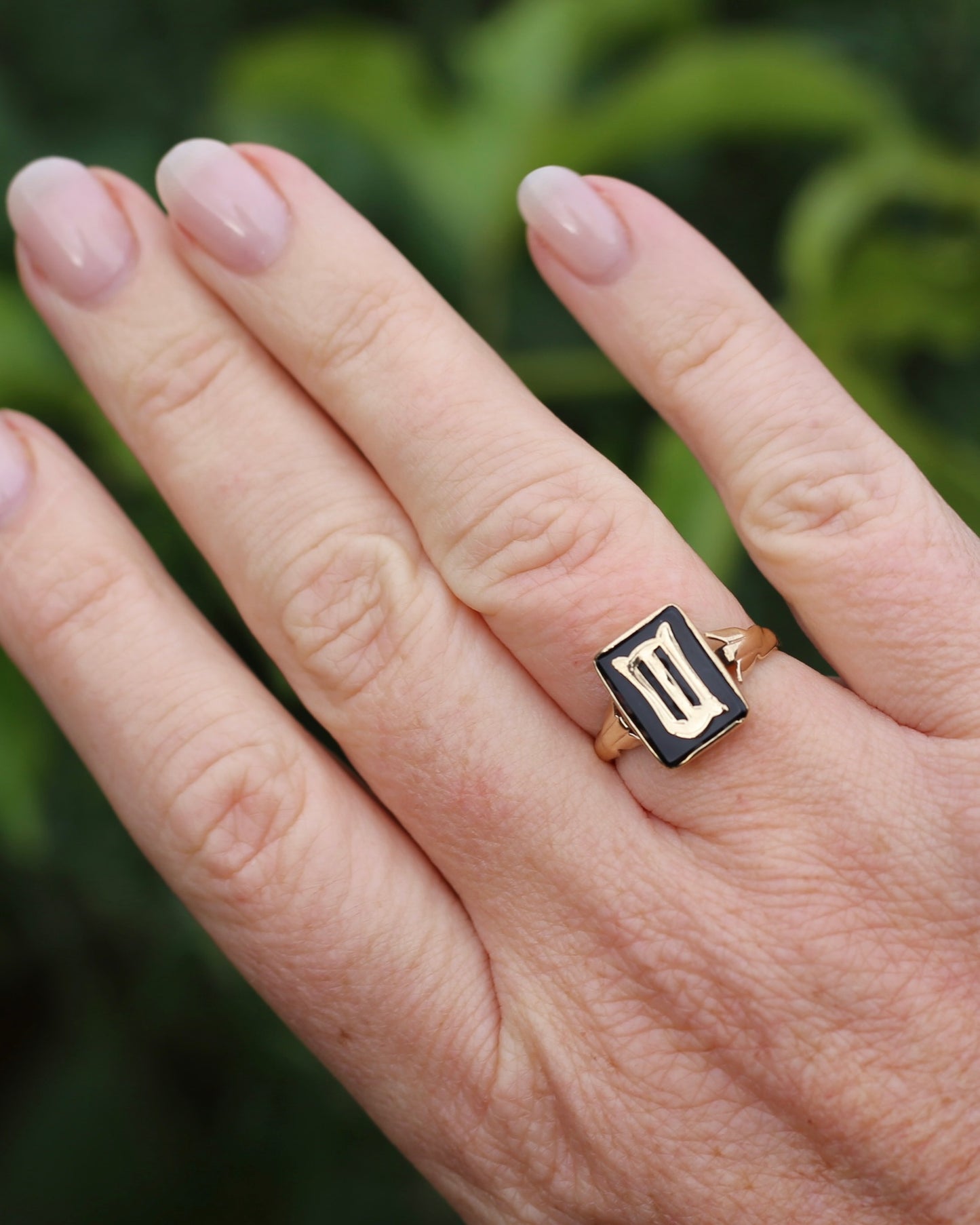 "W/M" Vintage Onyx and 9ct Yellow Gold Signet Ring, 9ct Yellow Gold, size N or 6.75