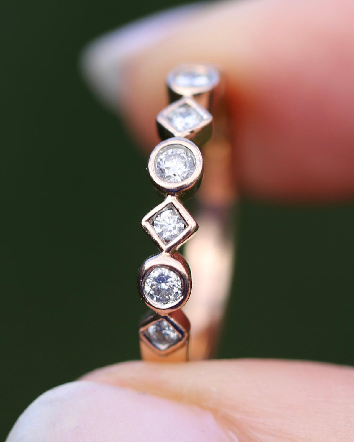 0.25ct 7 Stone Natural Diamond Bezel Set Round and Geometric Rose Gold Stacker, 10ct Rose Gold, size O or 7.25