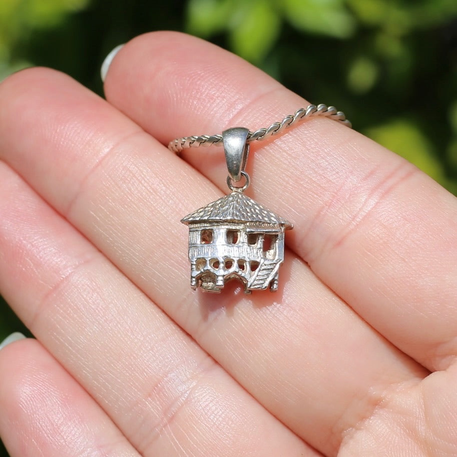 Hawaii, Tahiti, Fiji Overwater Bungalow Silver Pendant,