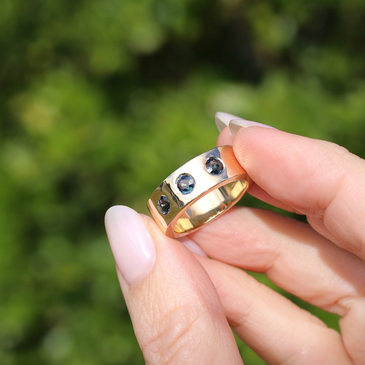 Custom Reclaimed Gold Chunky 9ct Rings with 4mm Parti Sapphires