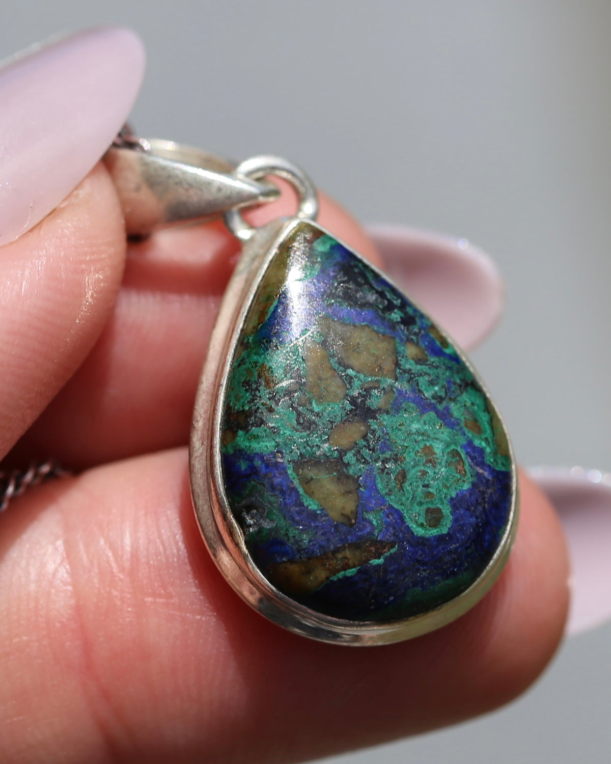 Natural Azurite/ Malachite/ Chrysocolla Cabochon Pendant, Bezel Set, Sterling Silver, 5.44g