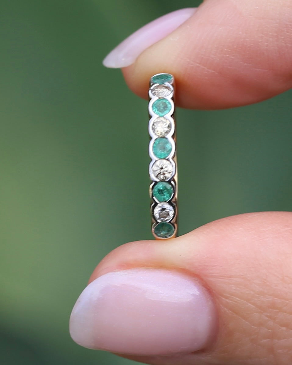 Natural Emerald and Diamond Half Hoop, 9ct Yellow and White Gold, size O or 7.25, 1.76g