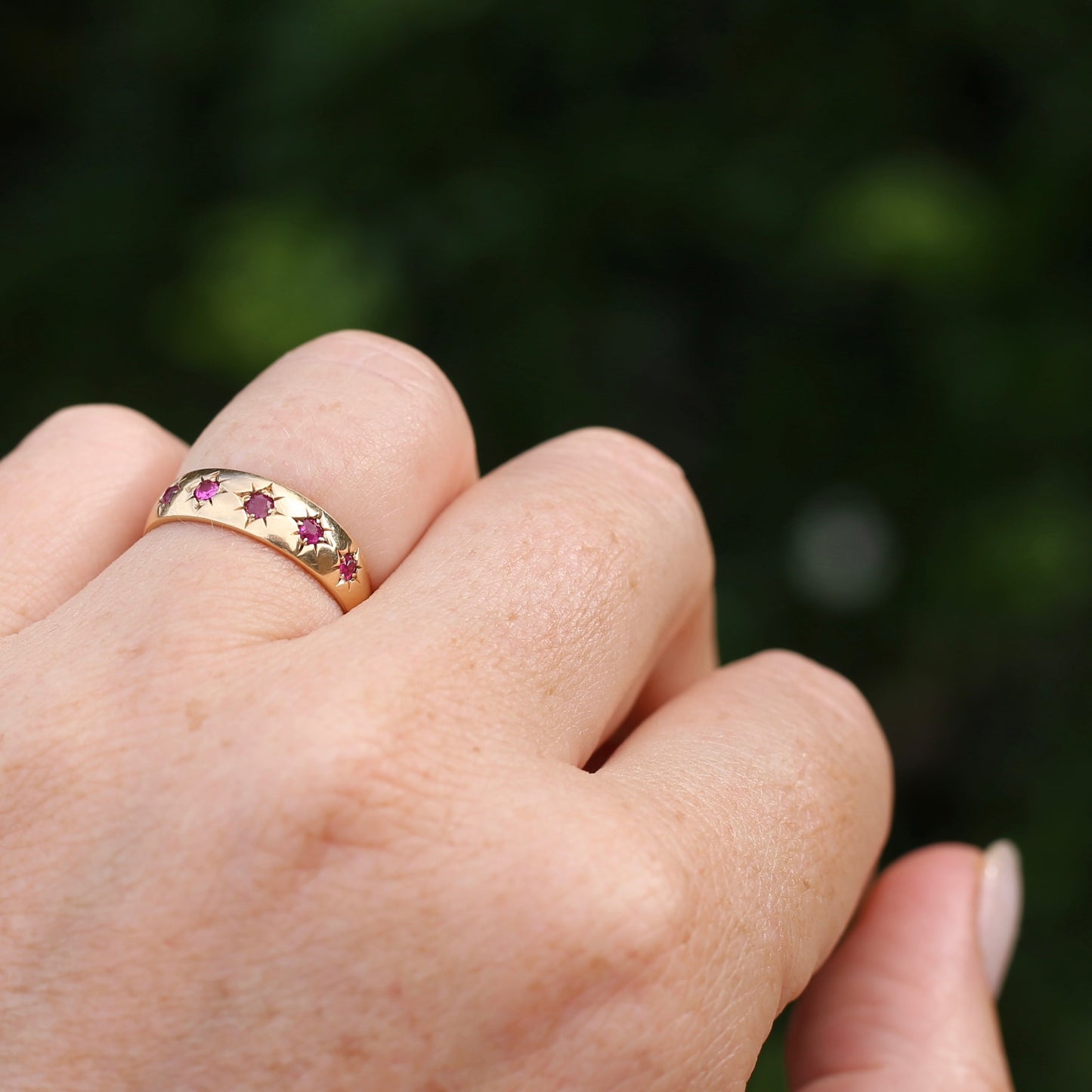 Antique 1891 Five Stone Star Set Old Cut Ruby Ring, 15ct Rosey Gold, size N- N1/2 or 6.75