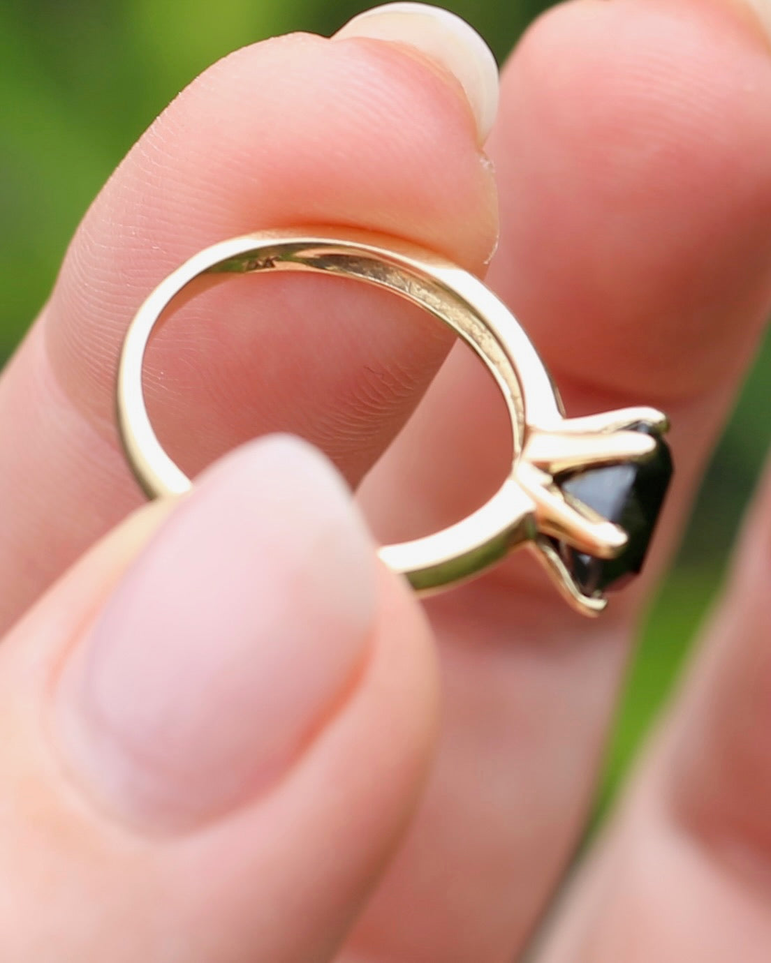 Black Moissanite Solitaire, 6 claw set 14ct Yellow Gold, size N1/2 or nearly 7, 3.63g