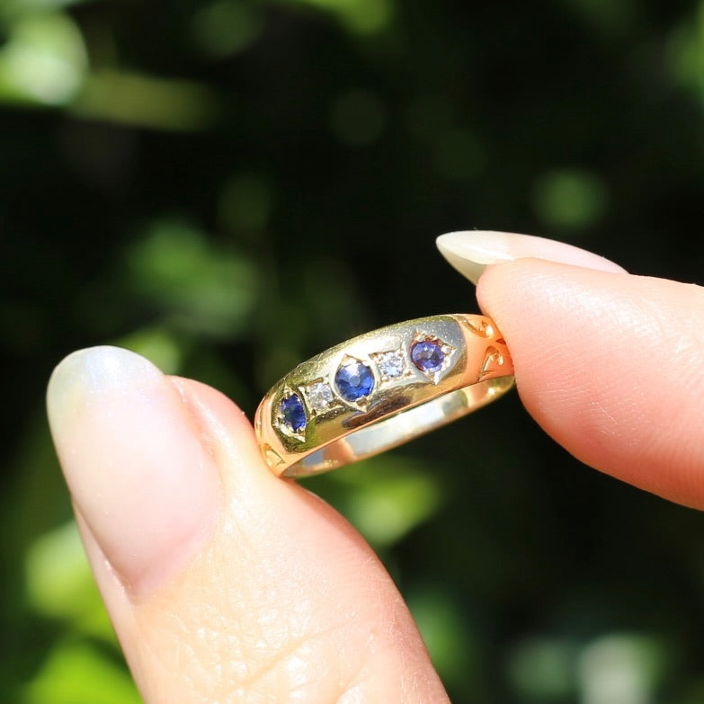 1897 Old Cut Sapphire and Diamond Five Stone Ring, 18ct Yellow Gold, size O or 7.25