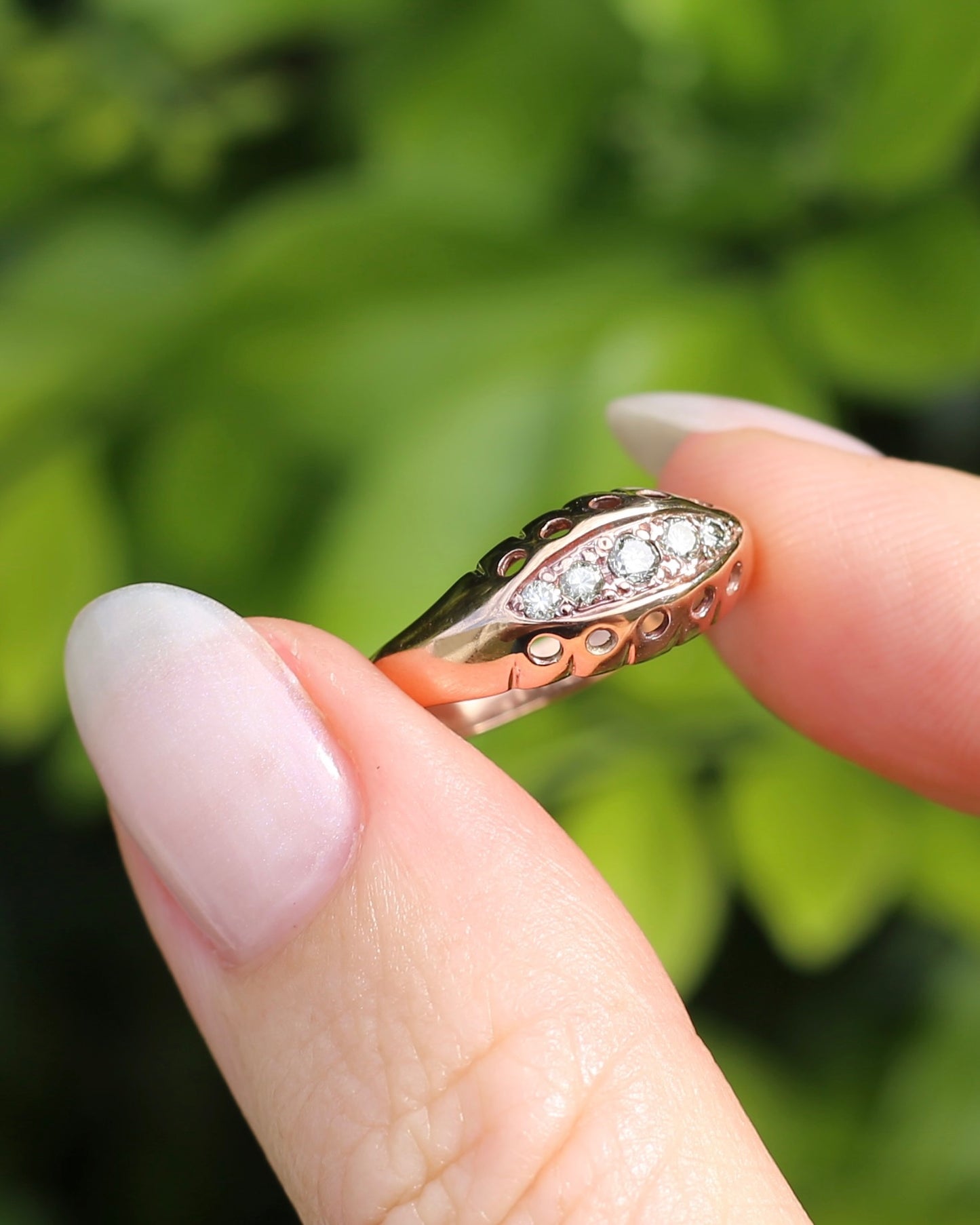 Vintique Rose Gold Boat Ring, 5 Early Brilliant Cut Diamonds, 9ct Rose Gold, size O1/2 or 7.25