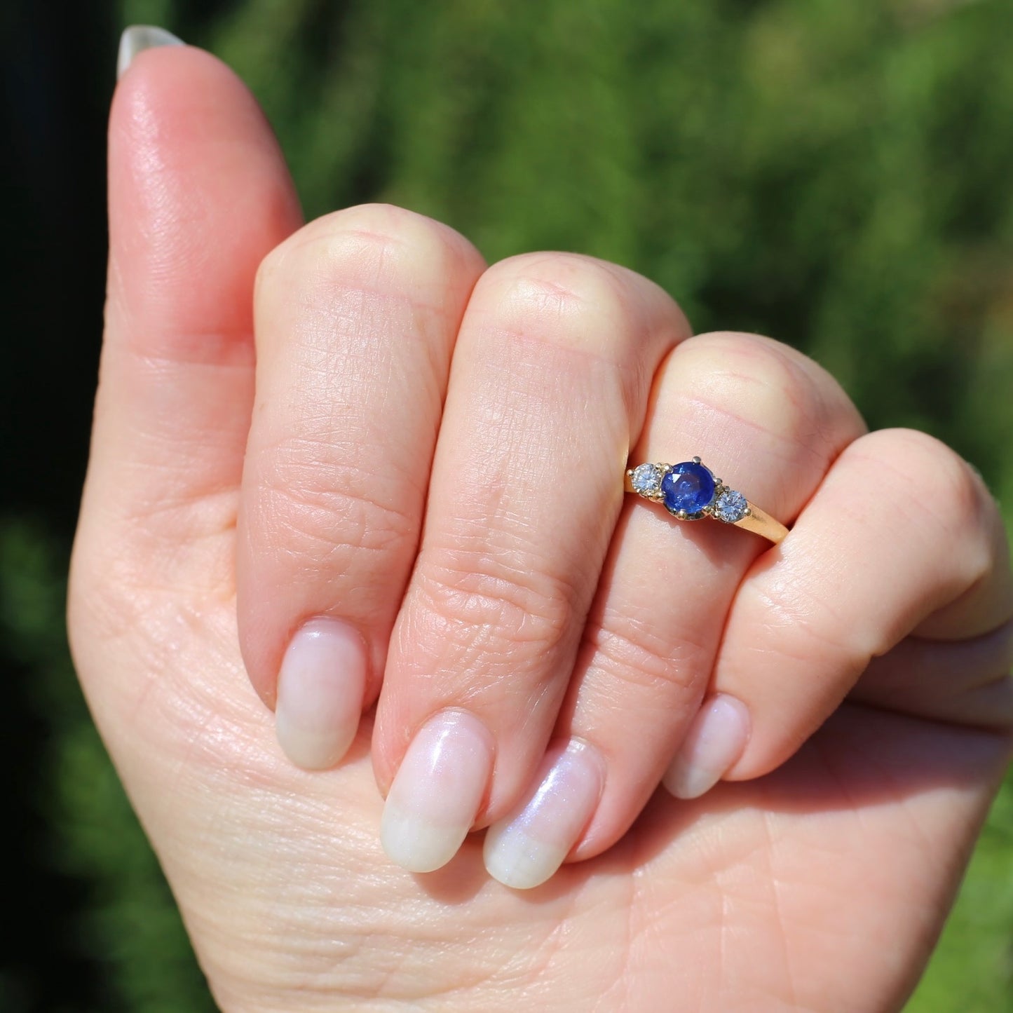 Bright Blue Natural Sapphire and Diamond Trilogy Ring, 18ct Yellow Gold, size K or 5.5