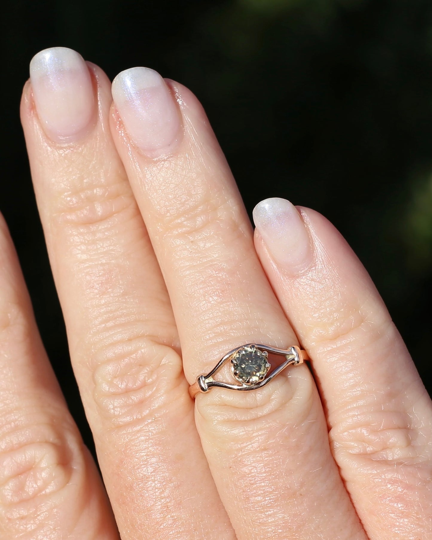 East African Green Zircon, Vintage 8 Claw Setting, Old Rosey Gold, size M1/2 or 6.5