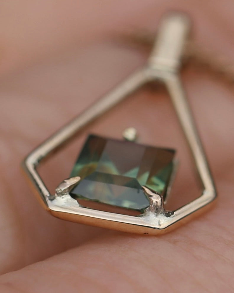 Modified Carre Cut Unheated Green Natural Sapphire in Handmade Vintage Pendant, 9ct Yellow Gold, 0.78g