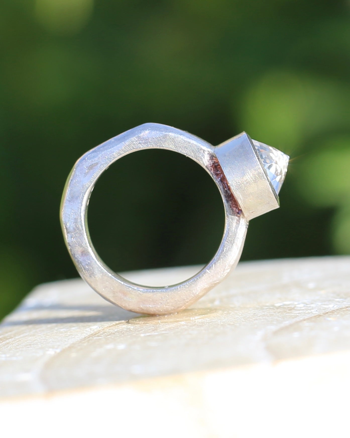 Bjorg Jewellery Inverse Set White Spinel Ring, Chunky Handmade Sterling Silver, size 6.5 or just under N