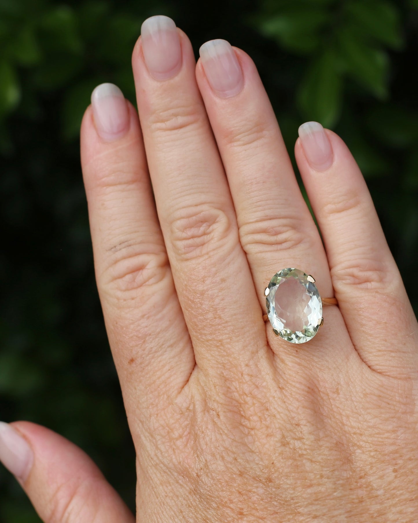 Vintage 10.5ct Oval Prasiolite or Green Amethyst Ring, 9ct Yellow Gold, size N1/2 or 7, 4.60g