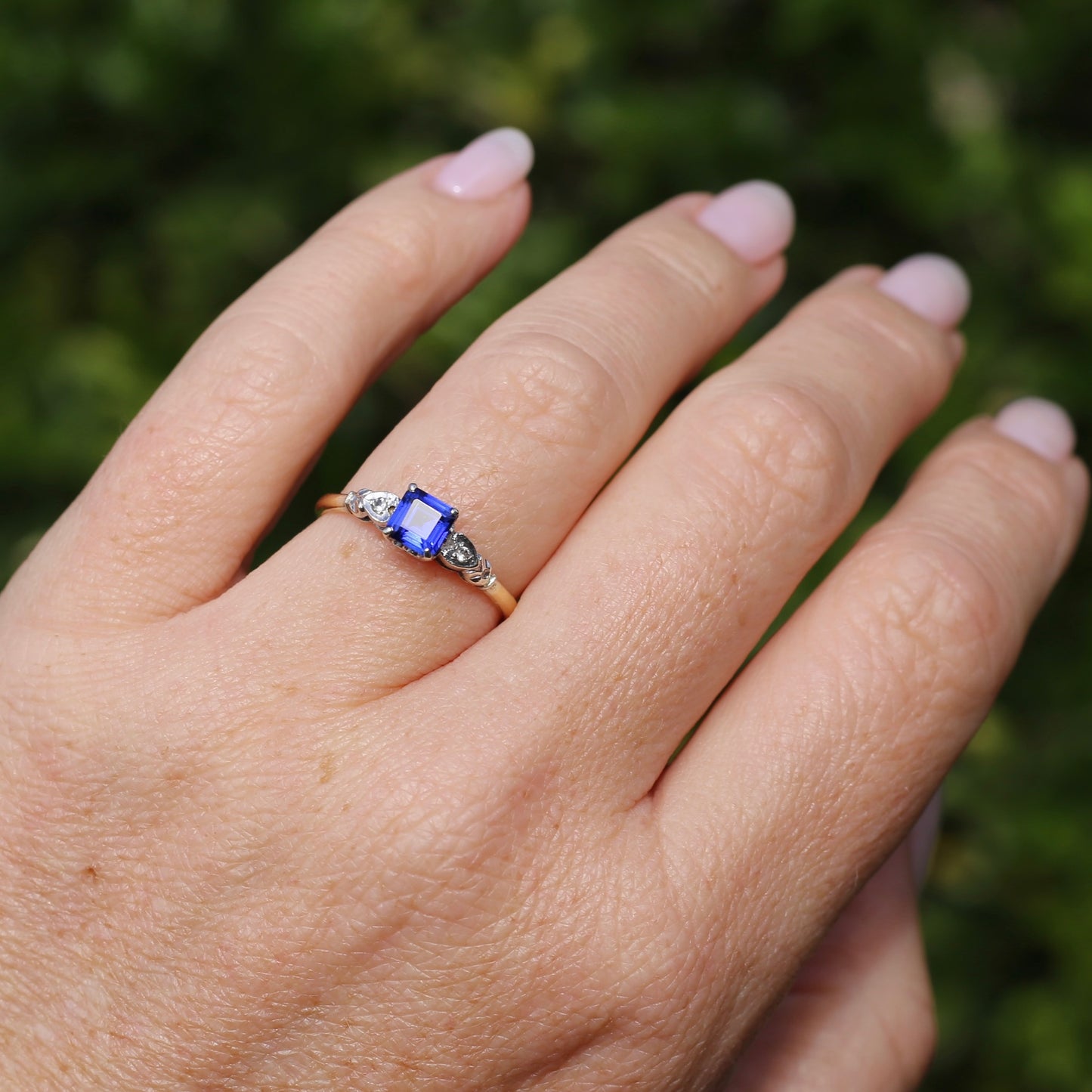 1930s Square Emerald Cut Blue Sapphire, 18ct Yellow and White Gold, size Q1/2 or just over 8.25