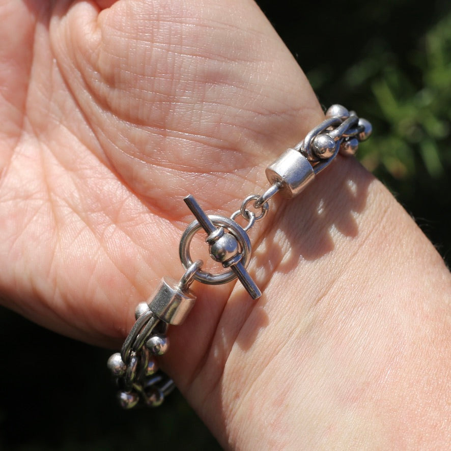 Chunky Silver Bracelet with Overlapping Loops and Dot Ball Detail, 45.3g