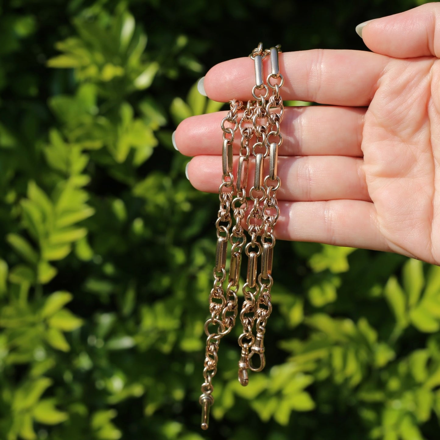 Antique - likely Victorian - Fancy Link 9ct Rosey Gold Double Watch Chain with Fob, 21inches, 41.25g