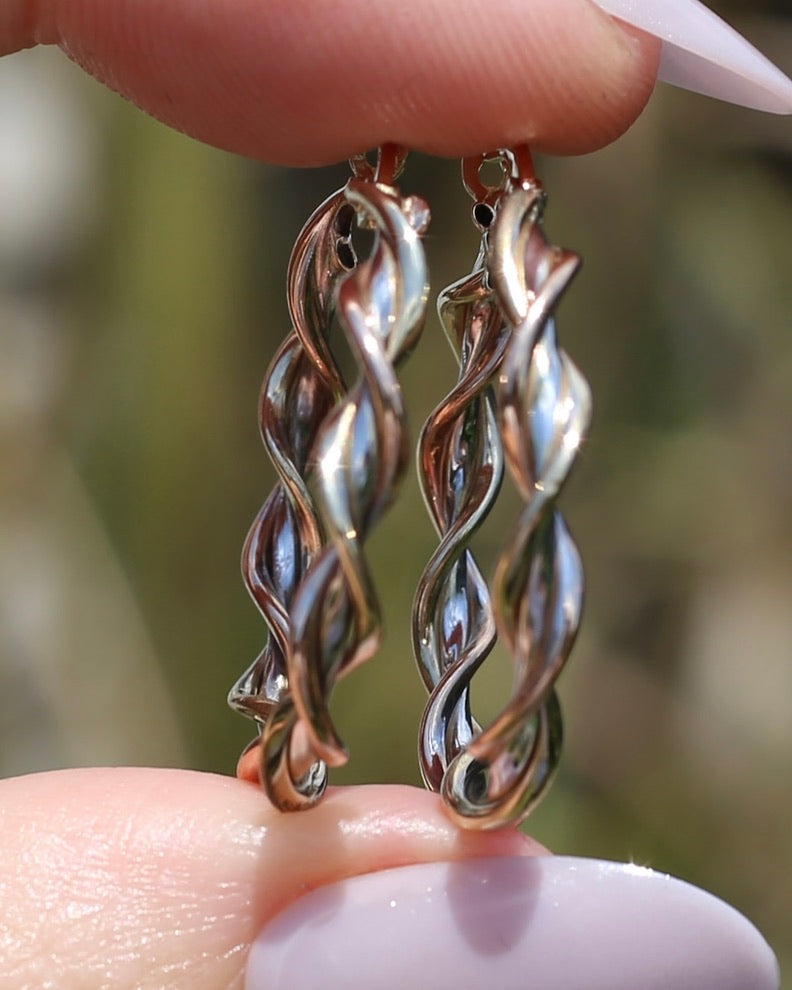 Tri-Colour Gold Twisted Hoop Earrings, 9ct Rose, Yellow and White Gold, 27.75mm, 2.73g