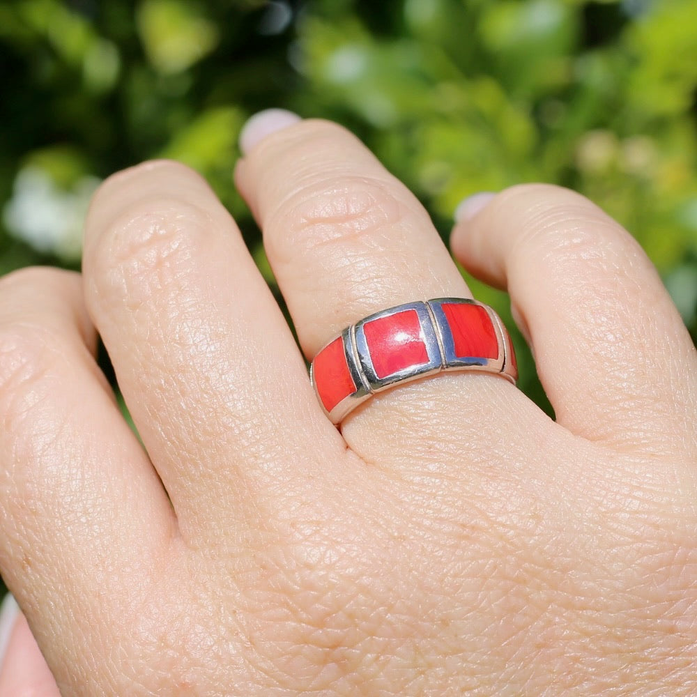 Red Square Resin Silver Ring, Size R1/2 or 8.75 (fits more like a P1/2)