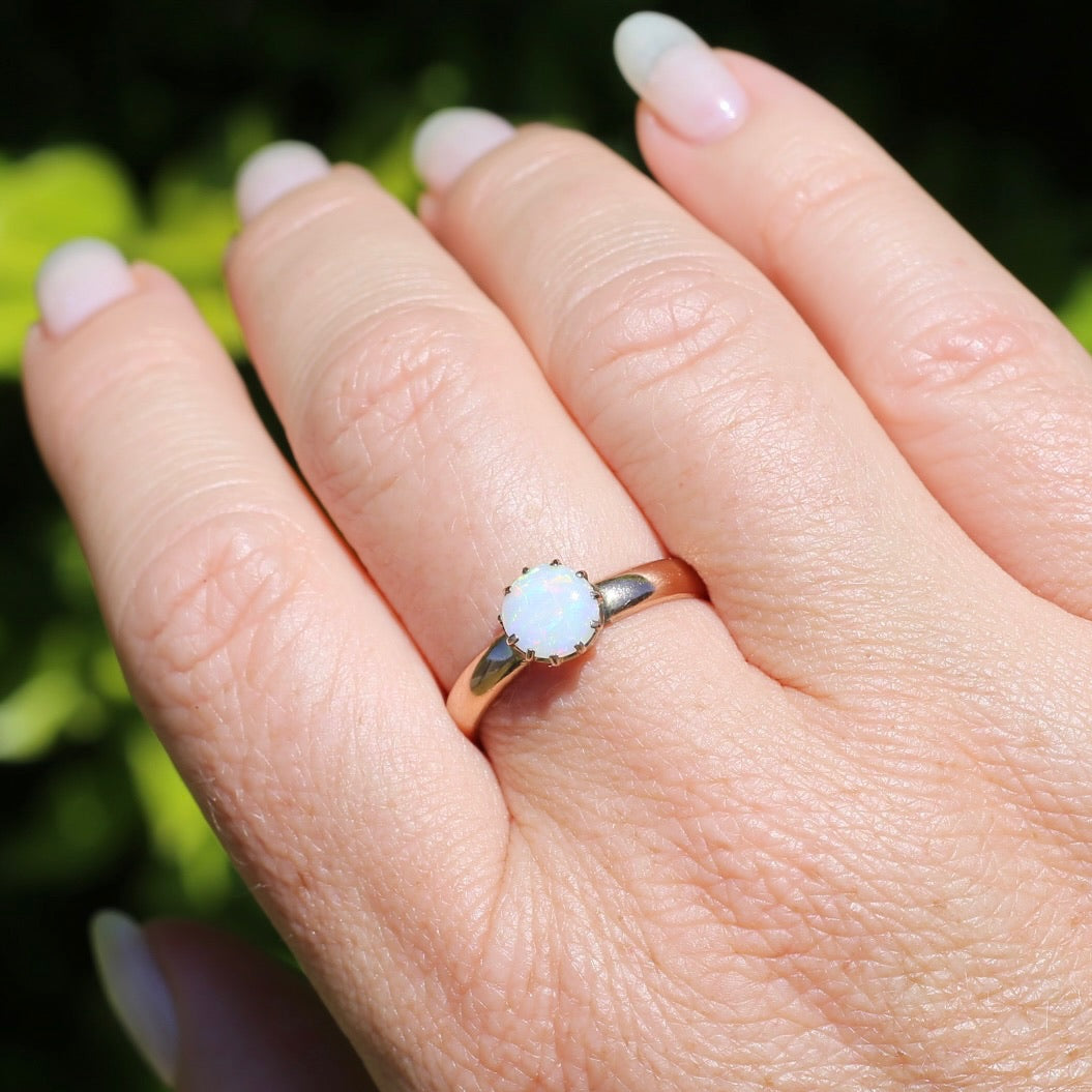 Early Australian 11 Multi Claw White Round Opal Ring, 9ct Old Rosey Gold, size 10 or U