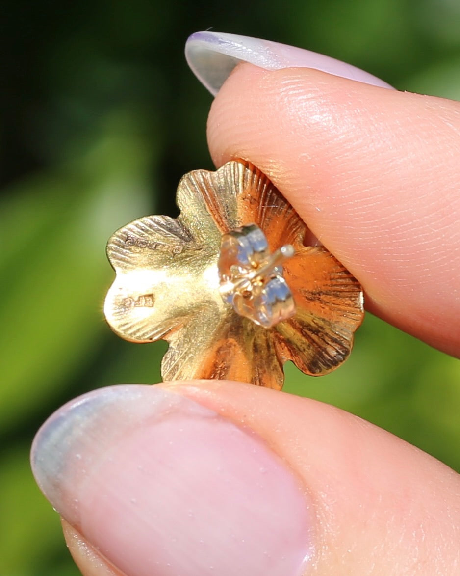 Vintage 1950s Large Floral Earring Studs, 9ct Gold (14K butterflies), Birmingham Made, 3.27g