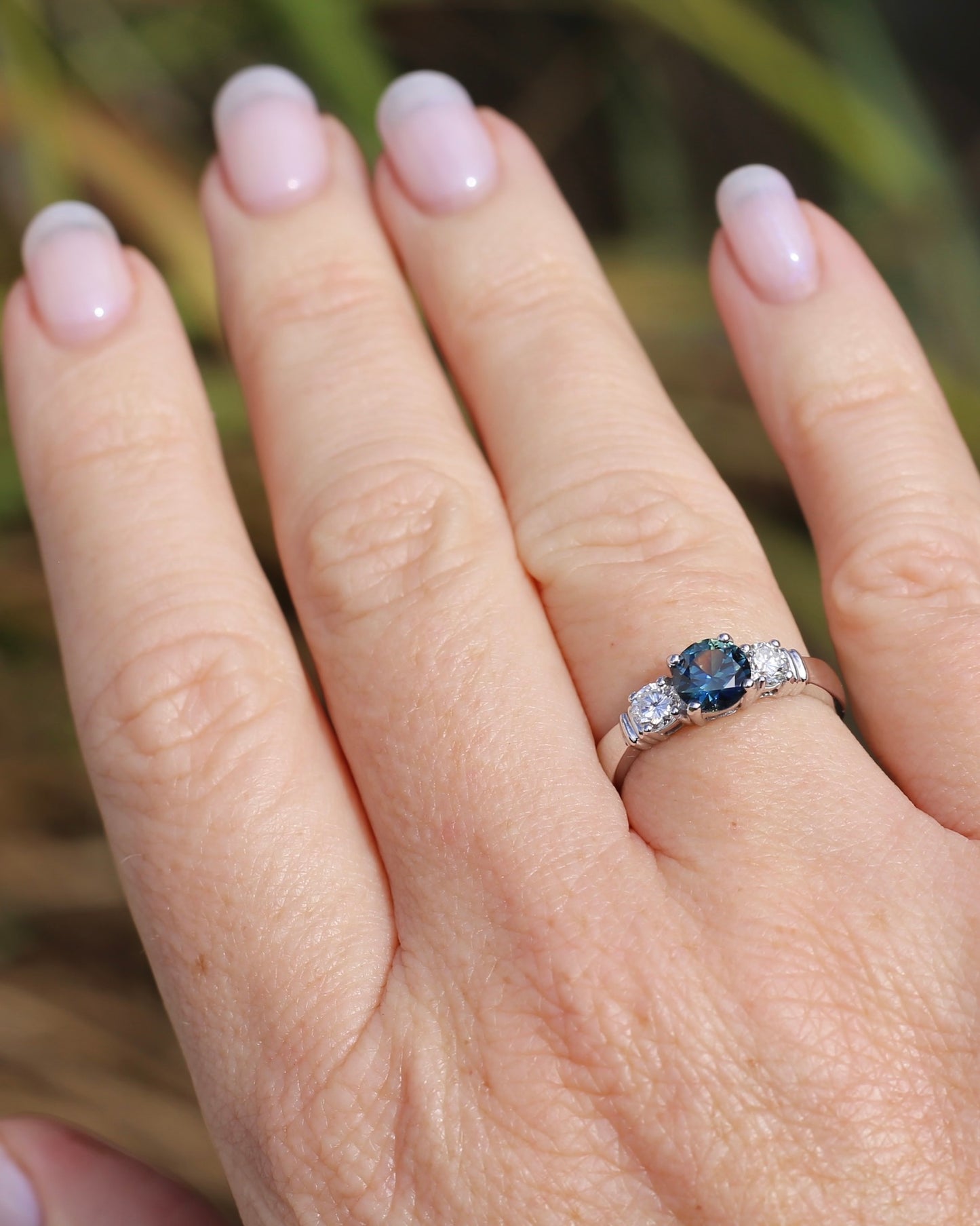 Unheated Eye Clean Parti Sapphire and Natural Diamond Trilogy, 9ct White Gold, size O1/2 or 7.5, 3.01g, with valuation