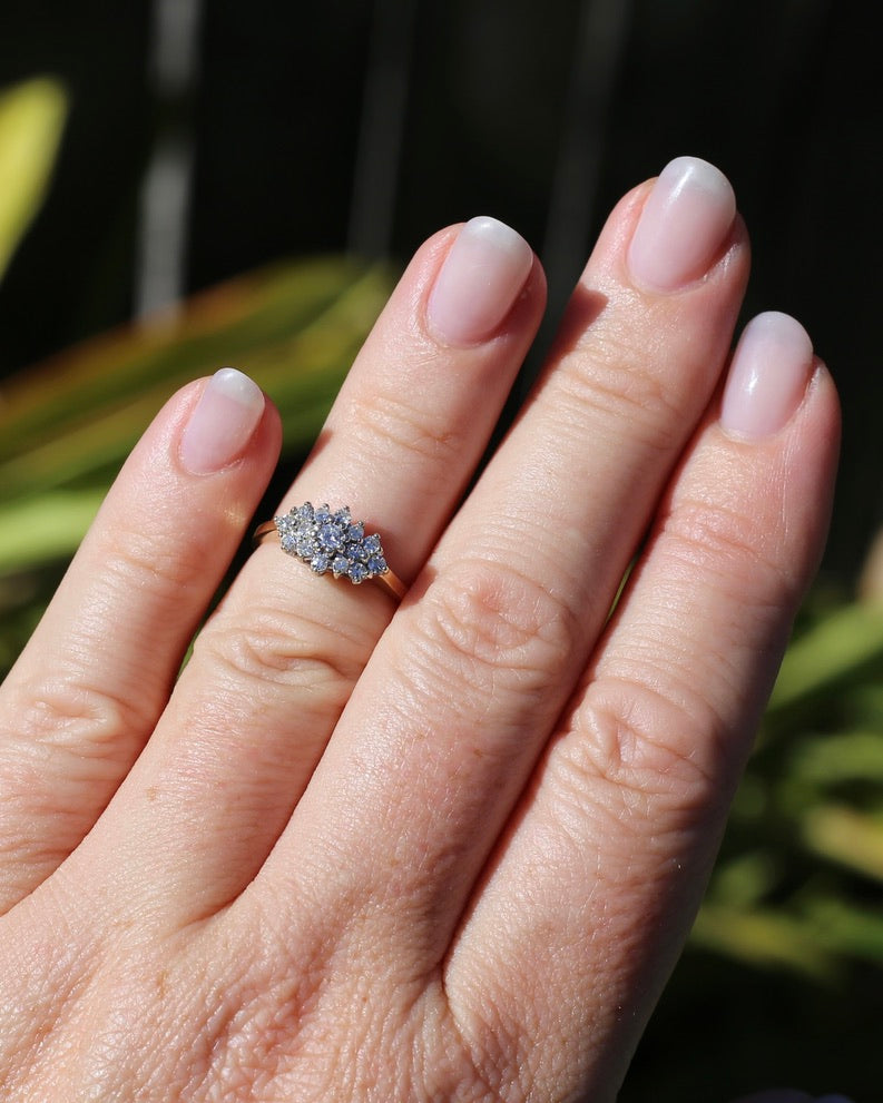 1991 London Made Diamond Cluster Ring, 9ct Yellow and White Gold, size J or 4.75, 2.2g